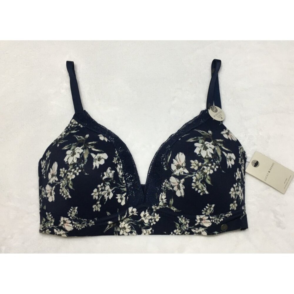 New Lucky Brand Wire Free Bra 34C Navy Blue Floral Lightly Padded Style LVD17553